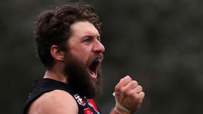 Jarryd Graham is elated after kicking a late goal in Pascoe Vale’s win over Aberfeldie.