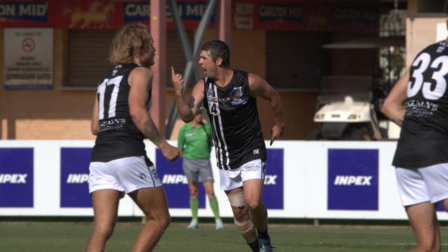 Josh Koster celebrates an early goal for Palmerston against Waratah in Round 2 of the 2024-25 NTFL season. Picture: Pema Tamang Pakhrin