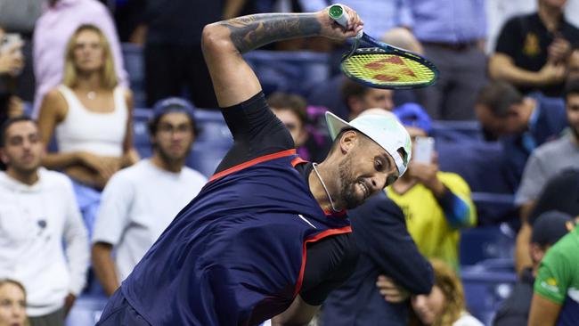 Kyrgios fought it out to five sets and then destroyed two racquets in a post-match meltdown. Picture: Getty