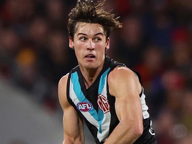 ADELAIDE, AUSTRALIA - MAY 02: Connor Rozee of the Power during the 2024 AFL Round 08 match between the Adelaide Crows and the Port Adelaide Power at Adelaide Oval on May 02, 2024 in Adelaide, Australia. (Photo by Sarah Reed/AFL Photos via Getty Images)