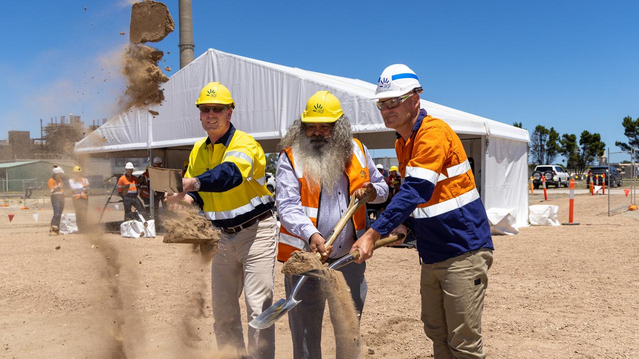 South Australia’s Energy and Mining Minister Dan van Holst Pellekaan, Kaurna Yerta Aboriginal Corporation chair Uncle Jeffrey Newchurch and AGL chief operating officer Markus Brokhof at the groundbreaking ceremony for the Torrens Island battery in November. Picture: Supplied by AGL