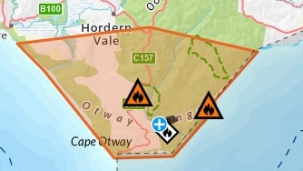 A bushfire broke out at Blanket Bay Rd in Cape Otway on Wednesday morning, with the fire travelling westerly towards Lighthouse Rd. Picture: Victoria Emergency.