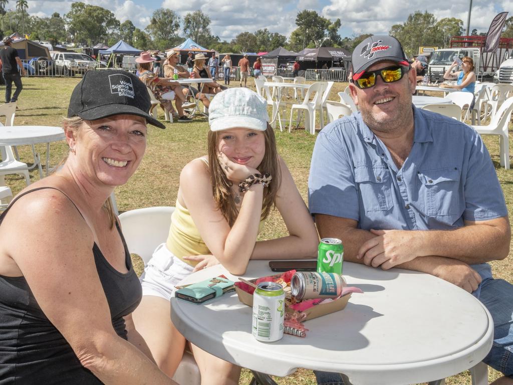 (from left) Shelley, Tamara and Cameron Collins. Meatstock 2023 at Toowoomba Showgrounds. Saturday, April 15, 2023. Picture: Nev Madsen.