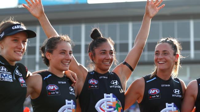 Darcy Vescio leads the celebrations after Carlton’s win over the Bulldogs. Picture: AFL Media