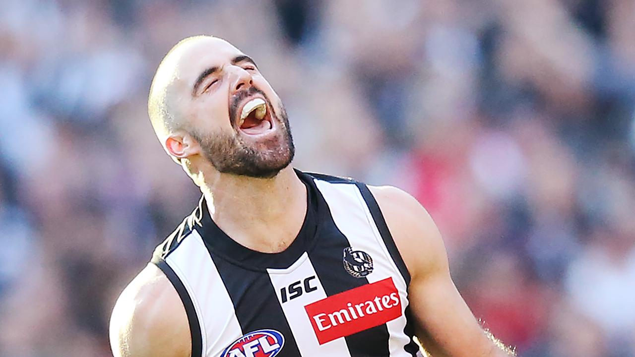 MELBOURNE, AUSTRALIA - MAY 18: Steele Sidebottom of the Magpies celebrates a goal during the round nine AFL match between the Collingwood Magpies and the St Kilda Saints at Melbourne Cricket Ground on May 18, 2019 in Melbourne, Australia. (Photo by Michael Dodge/Getty Images)