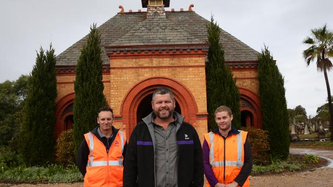 Adrian Scholten, Rob Smart and Patrick Lambert worked on the restoration of the Elephant House, built in 1891, at Rookwood Cemetery. Picture: Craig Wilson