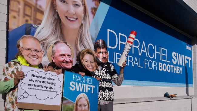 Extinction Rebellion activists vandalised Liberal candidate Rachel Swift’s Boothby office. Picture: Facebook