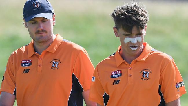 Northern Districts young gun Hayden Schiller (right) should do damage in division two finals. Picture: SACA