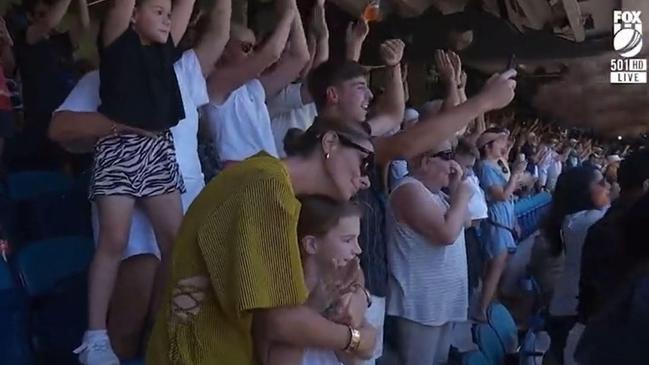 David Warner’s family including wife Candice Warner and mother Lorraine join the MCG celebrations. Picture: Fox Cricket