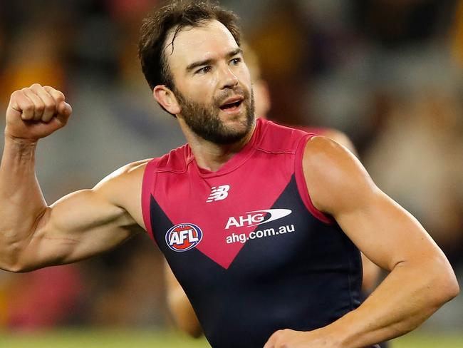 MELBOURNE, AUSTRALIA - MAY 07: Jordan Lewis of the Demons celebrates a goal during the 2017 AFL round 07 match between the Melbourne Demons and the Hawthorn Hawks at the Melbourne Cricket Ground on May 07, 2017 in Melbourne, Australia. (Photo by Adam Trafford/AFL Media/Getty Images)