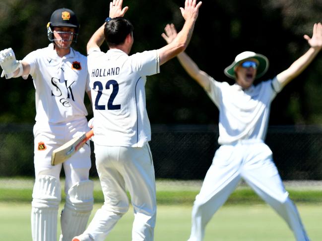 Ian Holland of Ringwood appeals unsuccessfully for the wicket of Jonathan Merlo of St Kilda during the Victorian Premier Cricket match between Ringwood and St Kilda at Jubilee Park, on October 26, 2024, in Melbourne, Australia. (Photo by Josh Chadwick)