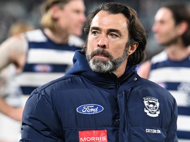 GEELONG, AUSTRALIA - JULY 06: Chris Scott, Senior Coach of the Cats looks on after the round 17 AFL match between Geelong Cats and Hawthorn Hawks at GMHBA Stadium, on July 06, 2024, in Geelong, Australia. (Photo by Daniel Pockett/Getty Images)