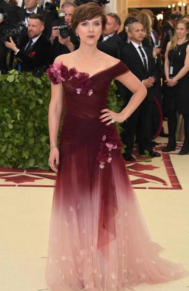 Scarlett Johansson’s Met Gala dress didn’t match the theme of Catholic imagery. Picture: Neilson Barnard/Getty Images.