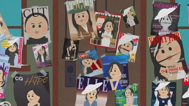 A South Park character returned home to find his house covered in magazine covers of the fictionalised version of Meghan. Picture: Comedy Central