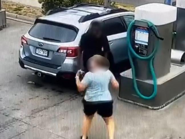 Shocking footage has emerged of the moment a man allegedly assaulted a woman in an attempted carjacking in southeeast Melbourne. A 24-year-old man allegedly threatened several people on the corner of Cranbourne Rd and Lindrum Rd in Frankston about 11am. He then allegedly approached a woman vacuuming her car at the corner and demanded for her keys. Picture: 9News