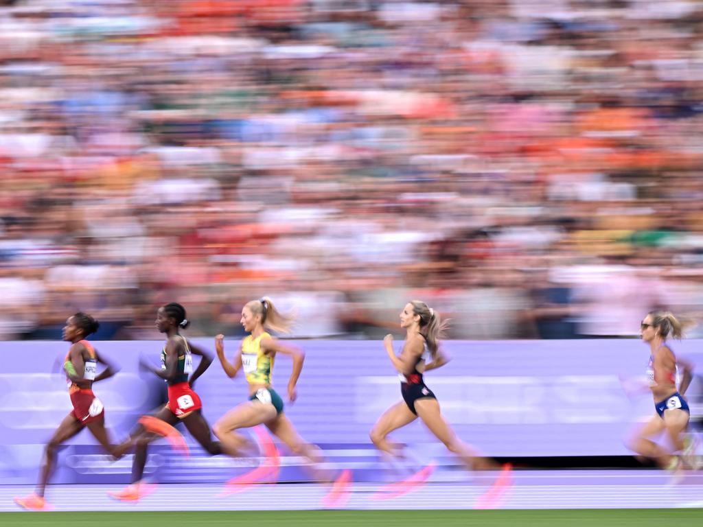 Kenya's Faith Kipyegon, Ethiopia's Diribe Welteji, Australia's Jessica Hull, Britain's Georgia Bell and USA’s Elle St Pierre compete in the women's 1500m final at Stade de France on August 10. Picture: Kirill Kudryavtsev/AFP