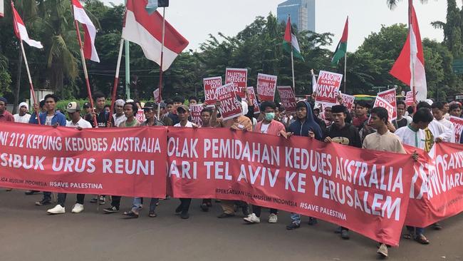 Protesters outside the embassy in Jakarta yesterday. Picture: Amanda Hodge