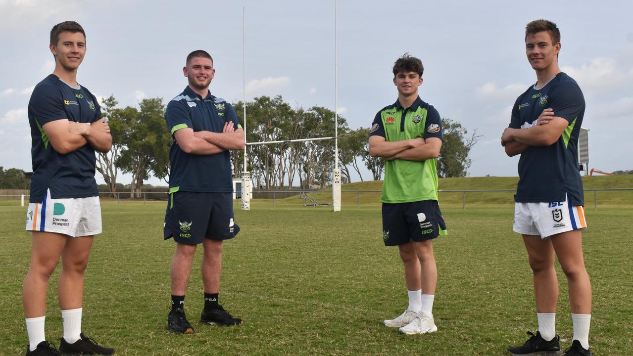 Harry Thorpe (left), Levi Love, Brady Hazledine and Henry Thorpe are students of St Patrick's College in Mackay, and have all been signed as Canberra Raiders academy prospects. Picture: Matthew Forrest