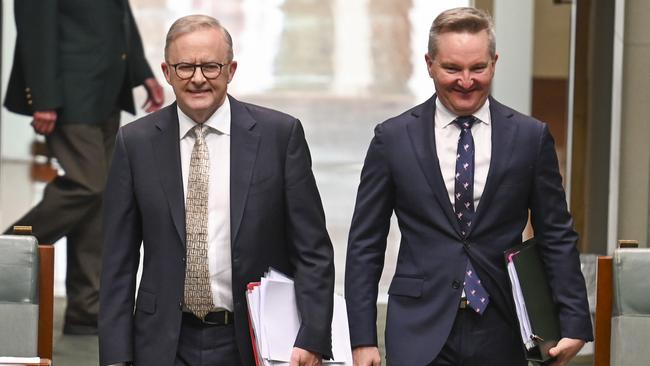 CANBERRA, AUSTRALIA, NewsWire Photos. MARCH 19, 2024: Climate Change and Energy Minister Chris Bowen and Prime Minister Anthony Albanese during Question Time at Parliament House in Canberra. Picture: NCA NewsWire / Martin Ollman