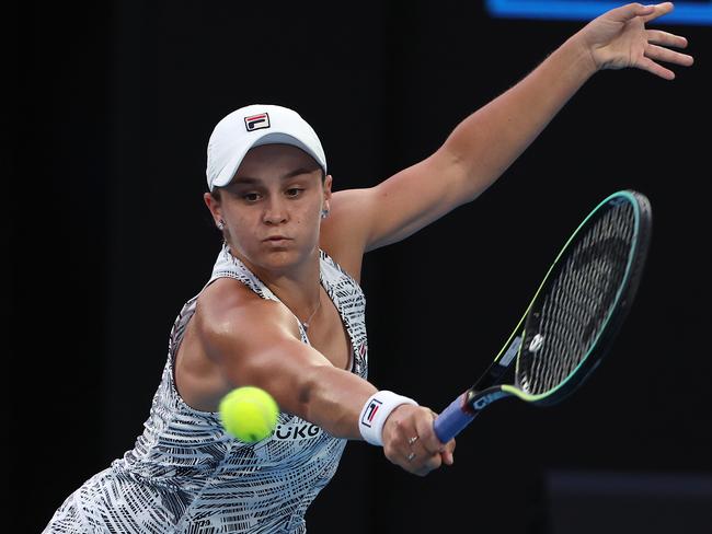 MELBOURNE.  23/01/2022. Australian Open Tennis.  Day 7. Ash Barty vs Amanda Amisimova on Rod Laver Arena.   Ash Barty in action during her round 3 match against  Amanda Amisimova  ...  Photo by Michael Klein