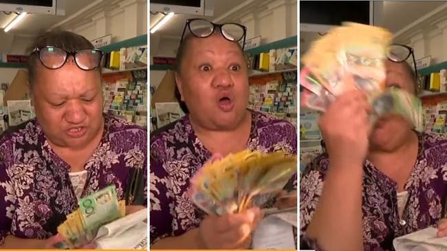 A Sydney woman won a wad of cash in the Powerball lotto draw, and celebrated her big win on national TVotto winner waves wad of cash