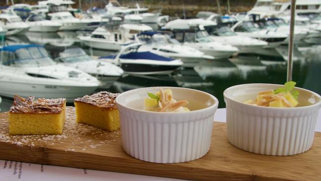 orange and almond cake and coconut mousse.