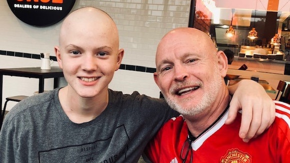 Hudson Steer with his dad, Rick. Hudson lost his long battle with childhood cancer after being diagnosed aged 13 with Embryonal Rhabdomyosarcoma, a soft tissue tumor at the base of his bladder. The family is raising money for Childhood Cancer Support.