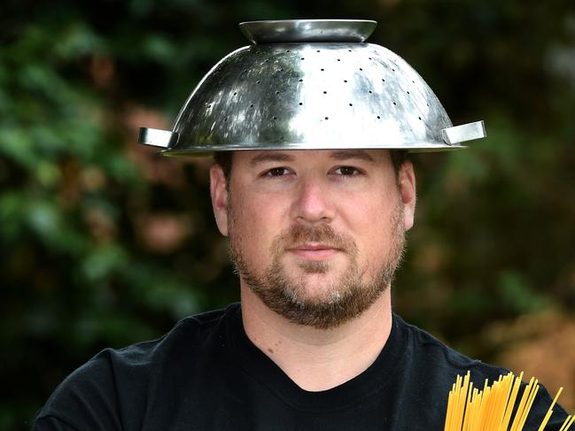 DEVOUT Pastafarians who worship the Flying Spaghetti Monster, Tom Harrison wants VicRoads to allow licence photos with their religious headwear - a colander. The Church of the Flying Spaghetti Monster is set to lobby road authorities across the country for "religious equality". "Pasta" Picture: Tony Gough