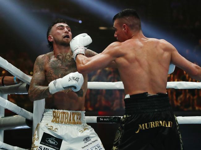 Tim Tszyu (right) and Jack Brubaker during their super-welterweight fight at the International Convention Centre in Sydney on December 6. (AAP Image/Brendon Thorne)