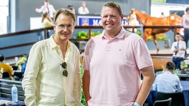 Steve O’Dea (right) with Proven Thoroughbreds’ Jamie Walter at the Magic Millions sale this week.