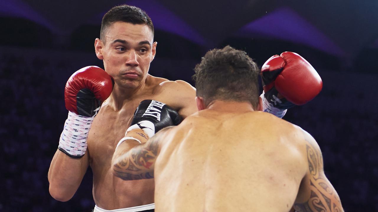 Tim Tszyu knocks out Bowyn Morgan at Bankwest Stadium.