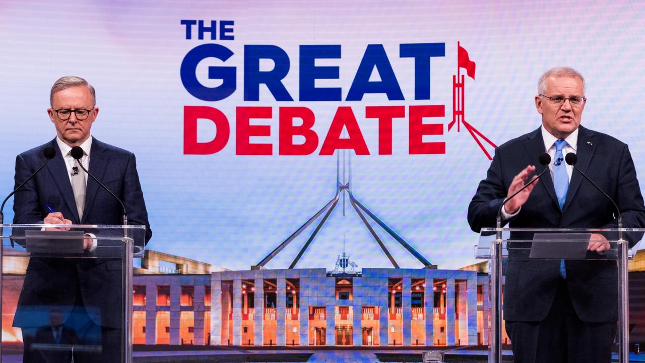 Opposition leader Anthony Albanese and Prime Minister Scott Morrison live TV debate ahead of the federal election. Picture: James Brickwood/Getty Images