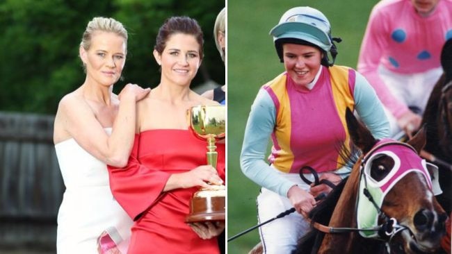 Bernadette Payne with sister Michelle Payne (left) and winning the Strathalbyn Cup on Double Gin in 1994.