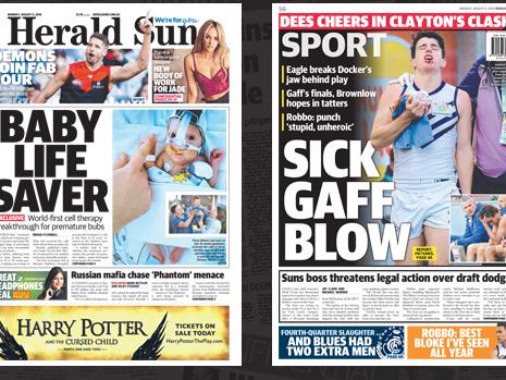 The Front and back pages of the Herald Sun August 6 2018