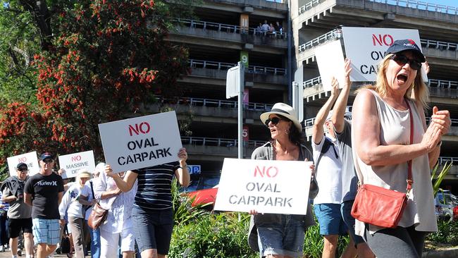 Opponents of an idea of building a carpark under Manly Oval marching around Manly protesting against it. Picture: Elenor Tedenborg.