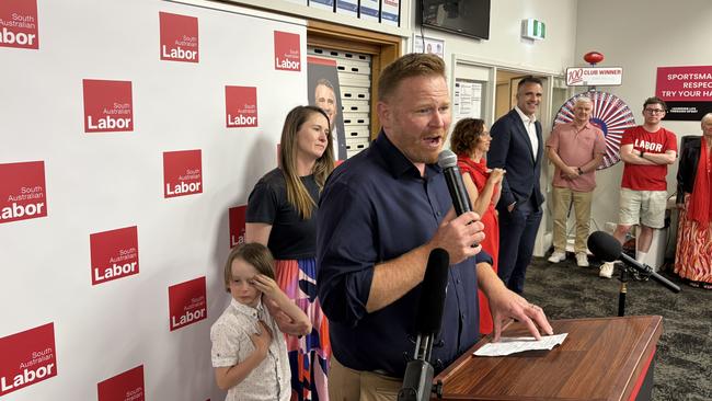 Labor by-election winner Alex Dighton speaking at his victory party at the Cobra Football Club. Picture: Supplied