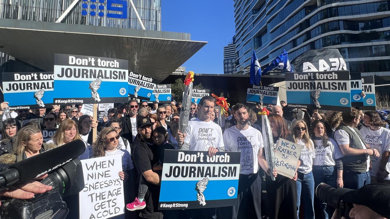 Nine employees have gathered outside the media giant’s Docklands office after launching strike action. Picture: NewsWire