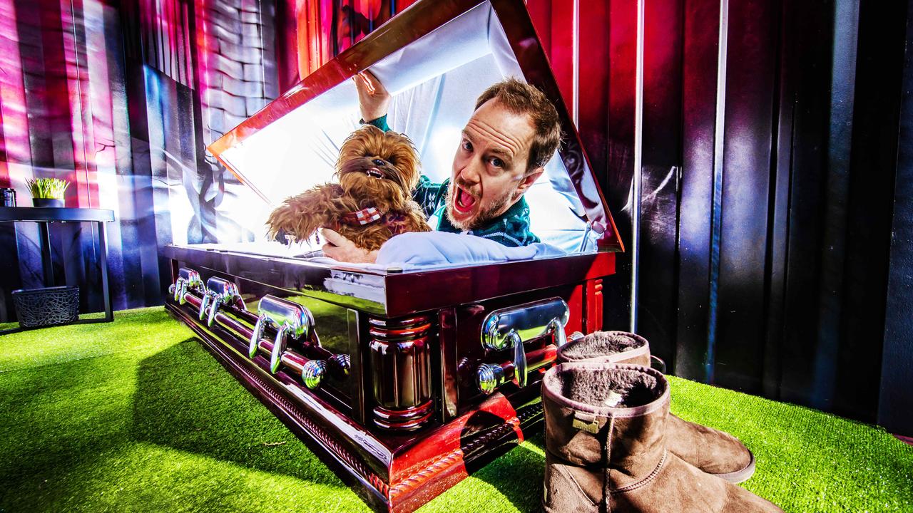 Journalist Jeremy Pierce rests in peace in his coffin bed. Picture: Nigel Hallett