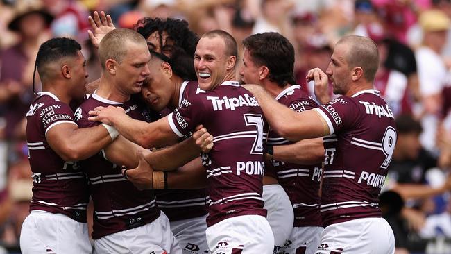 The Manly Sea Eagles put on a show for a sold out Brookvale Oval, cruising past a clunky Bulldogs side. Picture: Getty Images.