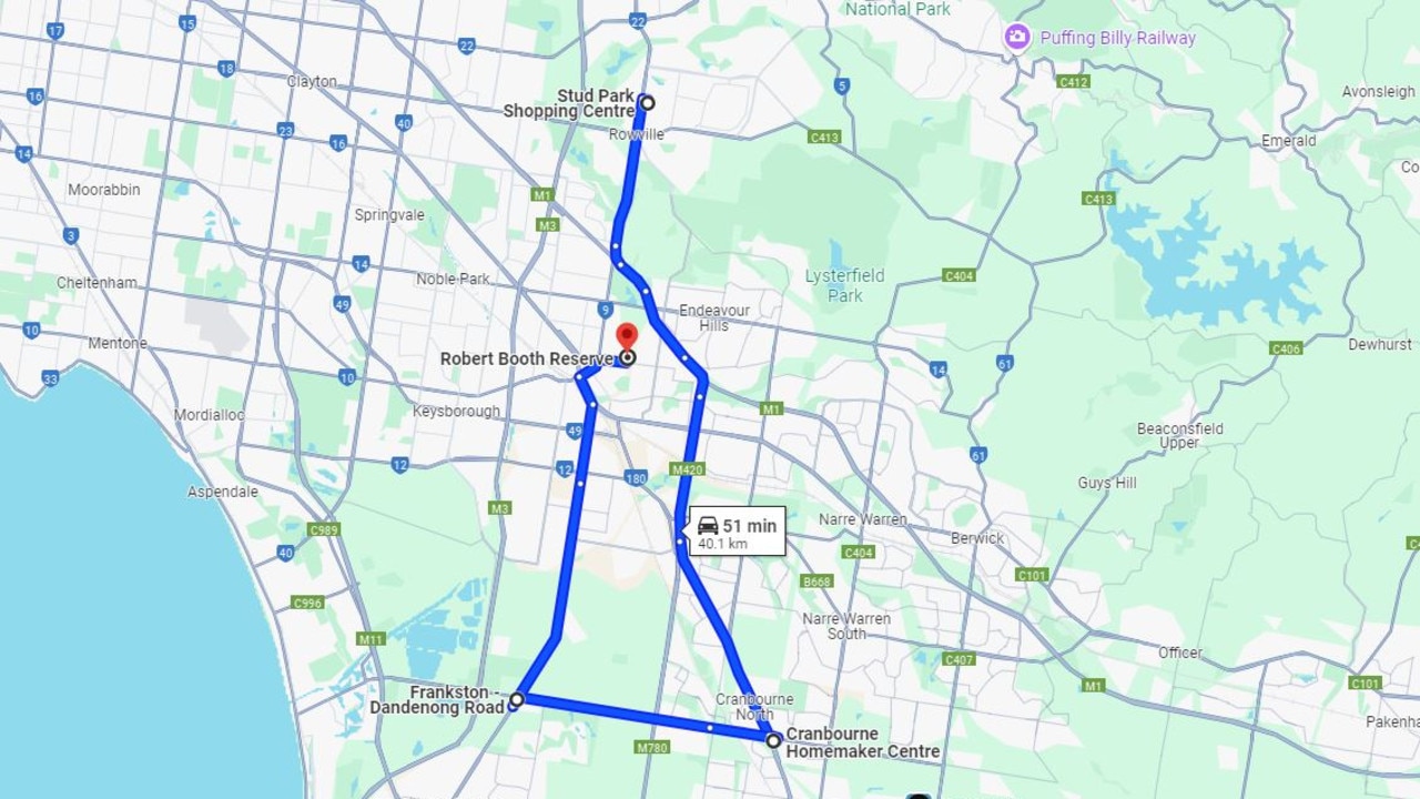 A rough route the two-hour journey the car took. Picture: Google