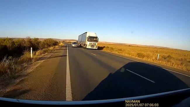 Jay Quinn shared footage of his near miss on the Sturt Highway at Annadale, nearly colliding head-on with a car travelling at 110km/h. Picture: Facebook