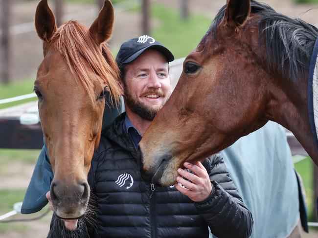 Vweekend Cover and spread. Trainer Ciaron Maher with race horses Wahine Toa and Maid of Iron at his Fingal property.                     Picture: David Caird