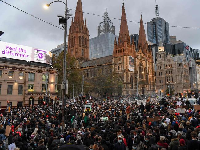 Demonstrators attend a Black Lives Matter protest in Melbourne to express solidarity with US protestors. Picture: William West/ AFP