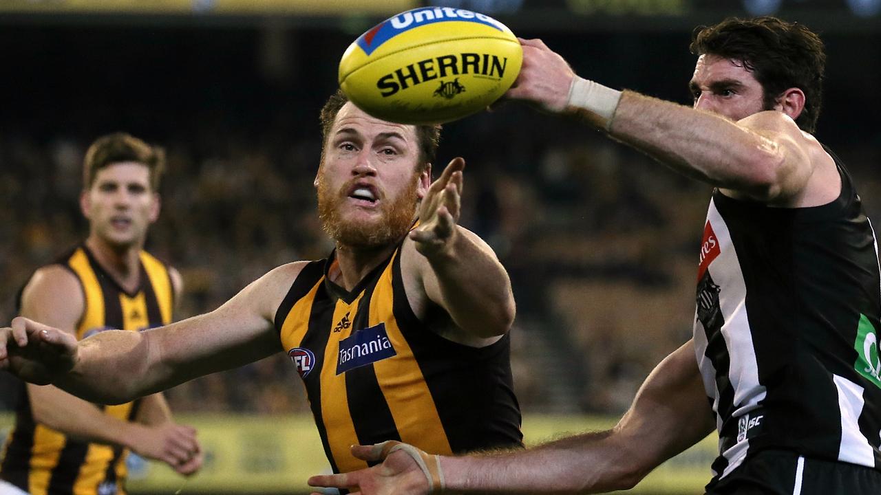 Jarryd Roughead and Tyson Goldsack have squared off plenty of times in the AFL. Picture: Wayne Ludbey