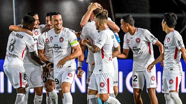 Wanderers players celebrates after Alvaro Cejudo scored against the Mariners on Saturday night.