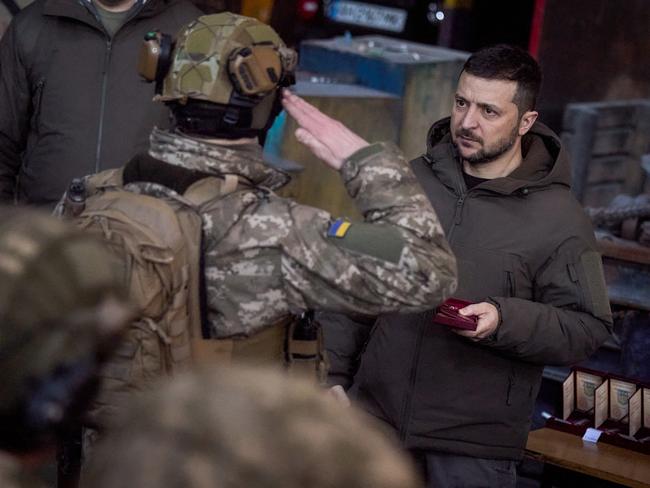 Ukraine President Volodymyr Zelenskyy visits the frontline. Picture: AFP