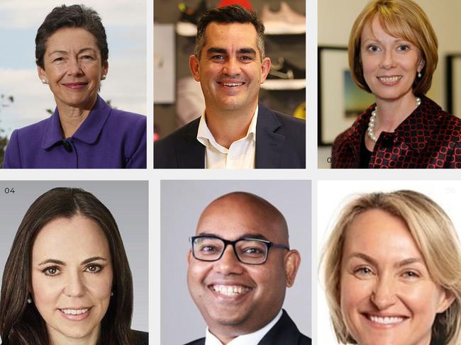 Clockwise from top left: Super Retail director Annabelle Chaplain, CEO Anthony Heraghty, chairman Sally Pitkin, former chief HR officer Jane Kelly, chief people and safety officer Kevin Figueiredo and former chief legal officer Rebecca Farrell.