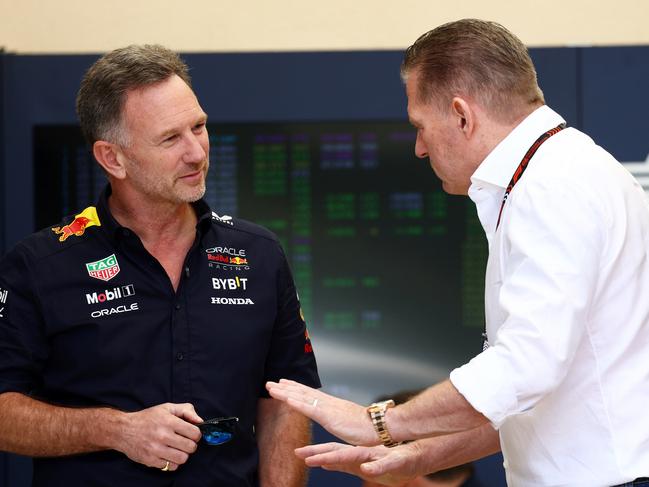 BAHRAIN, BAHRAIN - FEBRUARY 29: Oracle Red Bull Racing Team Principal Christian Horner talks with Jos Verstappen in the Paddock prior to practice ahead of the F1 Grand Prix of Bahrain at Bahrain International Circuit on February 29, 2024 in Bahrain, Bahrain. (Photo by Clive Rose/Getty Images)