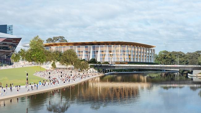 Architect’s render of the $750m Riverbank Arena proposed for Helen Mayo Park next to the River Torrens. Picture: Supplied