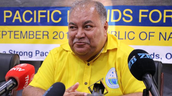 Nauru's President Baron Waqa attends a press conference after the Small Island States meeting in Aiwo on September 3, 2018, ahead of the start of the Pacific Islands Forum (PIF). - Official talks at the 18-nation Pacific Islands Forum (PIF) starting on September 3 will centre on the threat climate change poses to island states and China's rising influence in the region. (Photo by Mike LEYRAL / AFP)